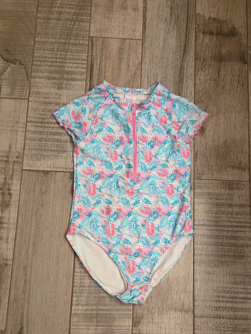 Kids Short-Sleeve One-Piece Swimsuit in Aqua & Pink